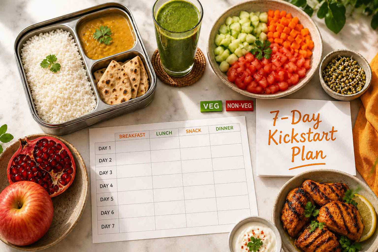 7-Day Kickstart Diet Plan – Quick Weight Loss Indian Diet Plan for Men & Women (Veg + Non-Veg)